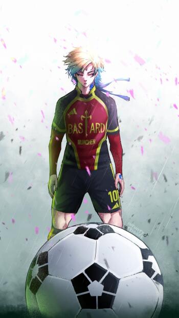 Anime-inspired phone wallpaper featuring Michael Kaiser from Blue Lock, standing confidently in a dynamic pose with a soccer ball amidst colorful confetti.