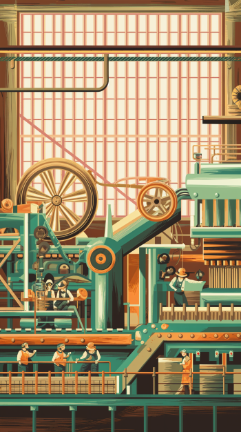 A vibrant illustration of a factory scene, featuring workers and machinery, designed as a phone wallpaper for both iPhone and Android devices.