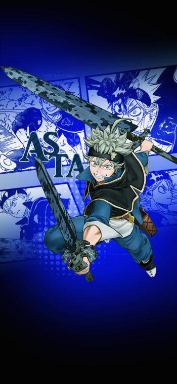 Asta from Black Clover leaps into action with his swords against a vibrant blue background, featuring key characters and scenes, designed as a phone wallpaper for iPhones and Androids.