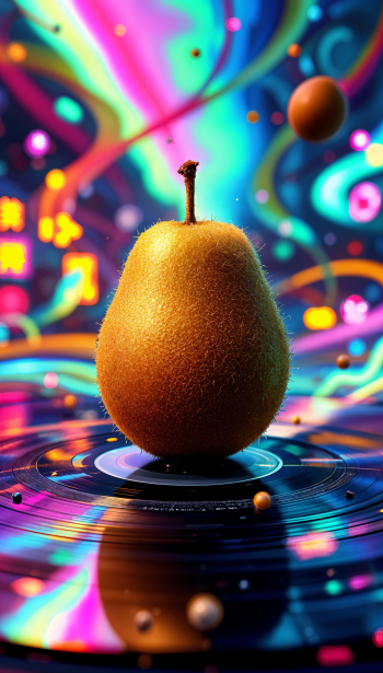 A vibrant kiwi stands prominently on a vinyl record, surrounded by colorful swirls and glowing orbs, creating a dynamic and lively phone wallpaper for iPhones and Android devices.