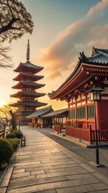 A serene HDR image of a traditional pagoda beside a historic building, bathed in golden sunset light, perfect for enhancing your phone wallpaper on iPhones and Android devices.