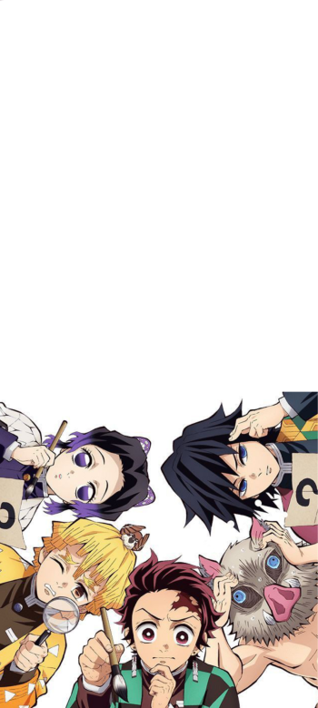 Anime wallpaper featuring characters from Demon Slayer: Kimetsu no Yaiba, including Inosuke Hashibira, Tanjiro Kamado, and Giyuu Tomioka, designed for iPhone and Android screens.