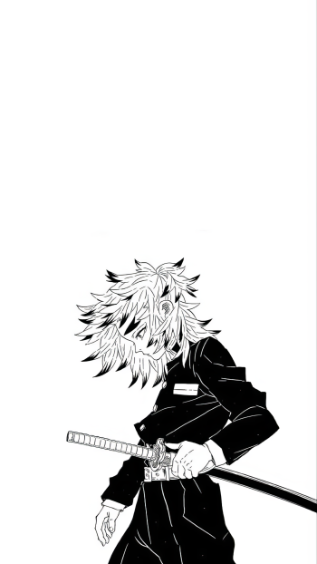 Black and white illustration of Kyojuro Rengoku from Demon Slayer: Kimetsu no Yaiba, featuring him with a sword, styled as a phone wallpaper for iPhones and Androids.