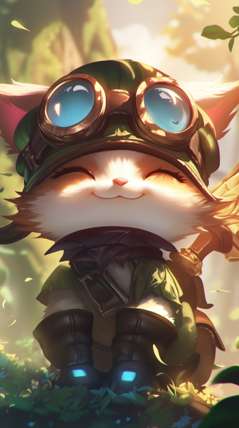 A vibrant phone wallpaper featuring Teemo from League of Legends, showcasing his cheerful expression and adventure-ready attire amidst a lush, colorful background.