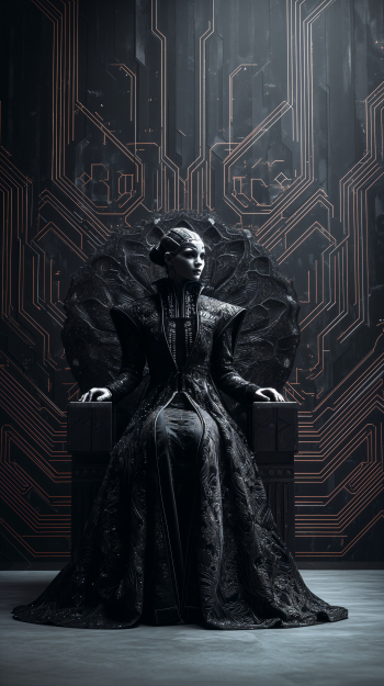 A regal sci-fi queen sits confidently on a throne adorned with intricate circuitry, exuding power. This striking image serves as an eye-catching phone wallpaper for iPhones and Androids.