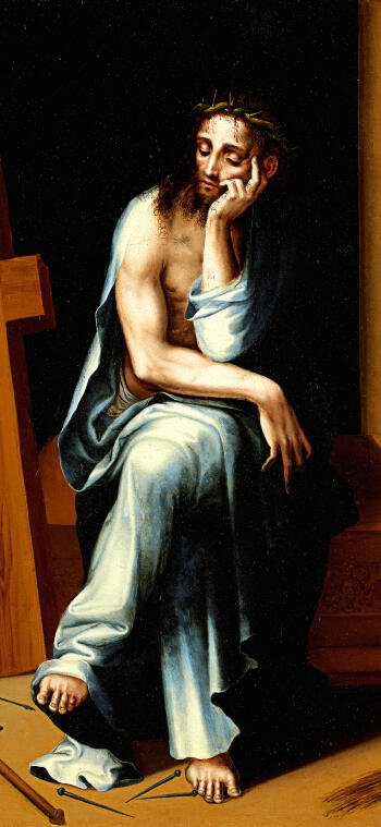 A contemplative depiction of Jesus, seated with a thoughtful expression, suitable as a phone wallpaper for both iPhones and Android devices, conveying a serene religious atmosphere.