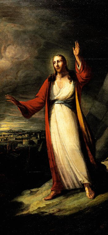 A dramatic depiction of Jesus in a flowing white robe and red cloak, gesturing with an expressive presence, set against a dark sky. This religious artwork serves as a phone wallpaper.