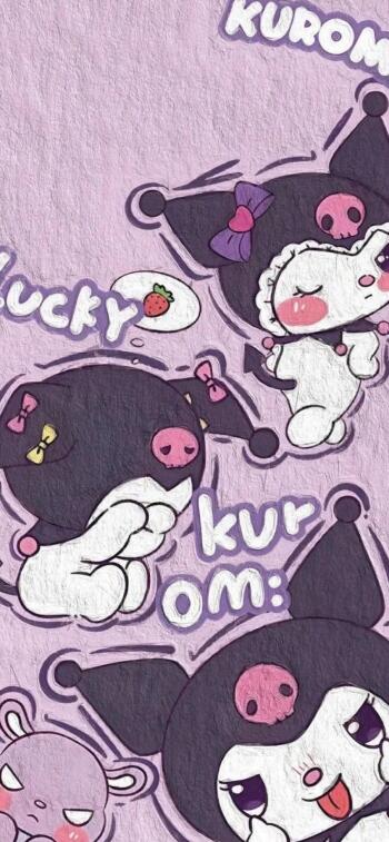 Phone wallpaper featuring Kuromi from Onegai My Melody anime in various poses on a textured purple background, designed for both iPhone and Android devices.
