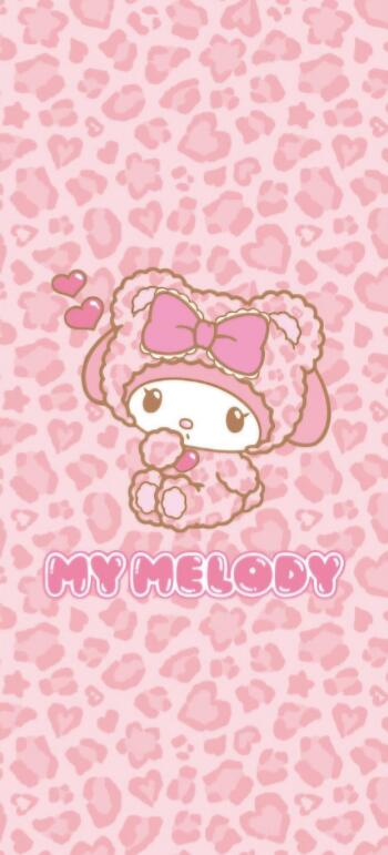 A pink anime phone wallpaper featuring My Melody from Onegai My Melody, adorned with hearts and a playful leopard print background. Perfect for iPhones and Android devices.