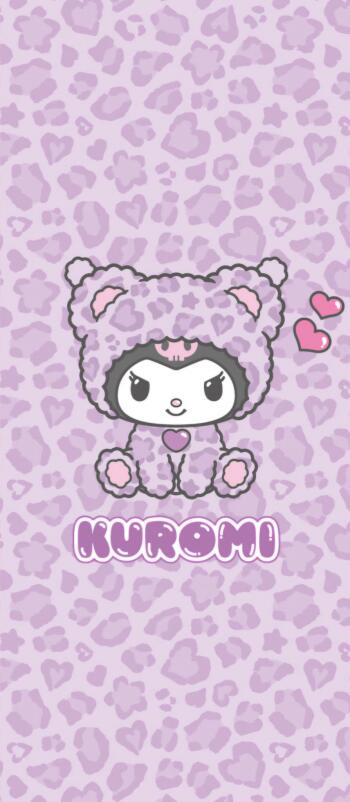 Phone wallpaper featuring Kuromi from the anime Onegai My Melody in a cute purple leopard costume with hearts on a matching patterned background, designed for iPhone and Android.