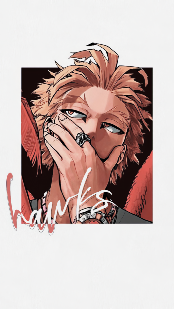 Phone wallpaper featuring Hawks from My Hero Academia with a close-up anime-style portrait and the name Hawks in stylized text, compatible with iPhone and Android displays.