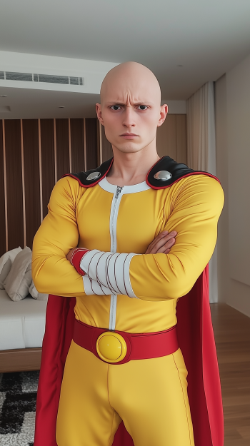 Saitama from One-Punch Man in vibrant yellow cosplay, arms crossed, showcasing a stoic expression. A striking phone wallpaper for both iPhones and Android devices.
