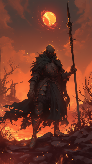 A armored warrior stands resolutely with a lance, silhouetted against a fiery sunset in a Dark Souls-inspired landscape, designed as a striking phone wallpaper for iPhones and Androids.