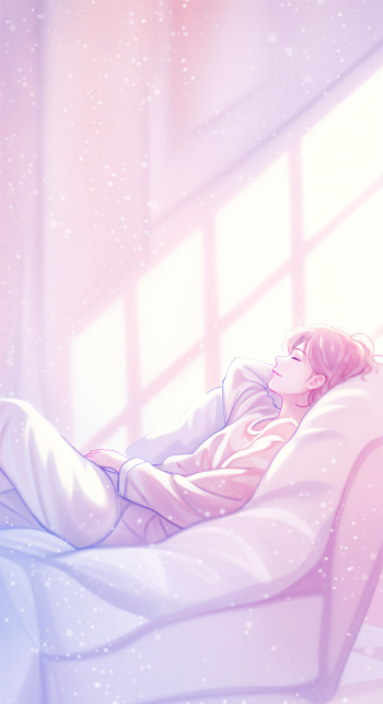 A serene illustration of a person resting peacefully on a couch, bathed in soft light, perfect for a calming phone wallpaper on iPhones and Android devices.