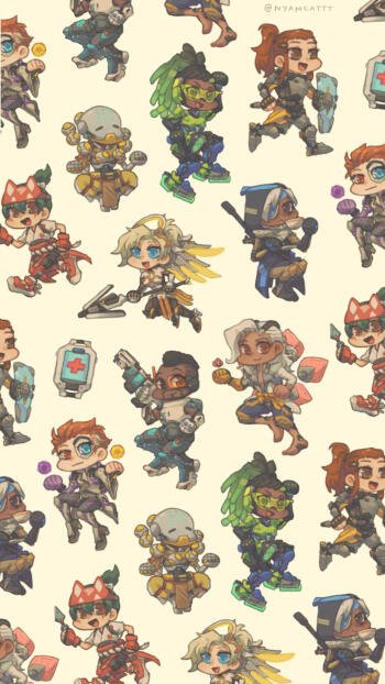 Chibi characters from Overwatch fill this playful phone wallpaper, designed for vibrant and fun customization on iPhones and Androids. Brighten your screen with this delightful pattern!