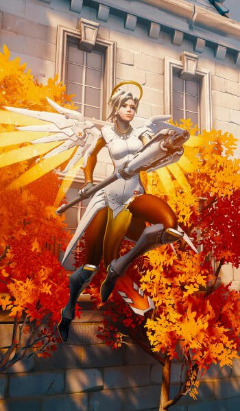 A vibrant phone wallpaper featuring Mercy from Overwatch, gracefully hovering amidst autumn leaves, perfect for both iPhones and Android devices.