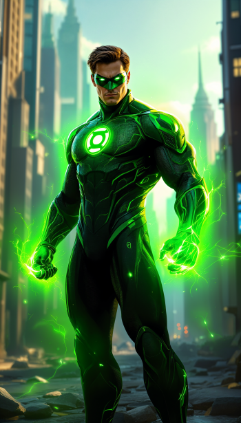 A dynamic Green Lantern stands confidently in a vibrant, green-lit cityscape, making an exciting phone wallpaper for both iPhones and Android devices.