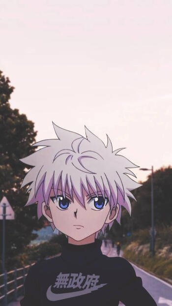Anime wallpaper featuring Killua Zoldyck from Hunter x Hunter, set against a serene background. Designed for both iPhone and Android devices.