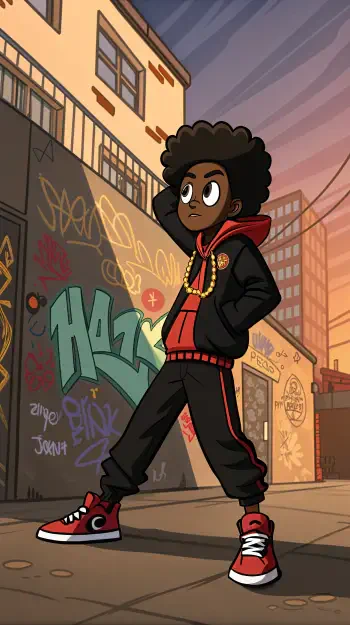 A confident cartoon character with curly hair stands in a graffiti-covered alley, dressed in a red and black tracksuit, ready to energize your phone wallpaper on iPhones and Androids.