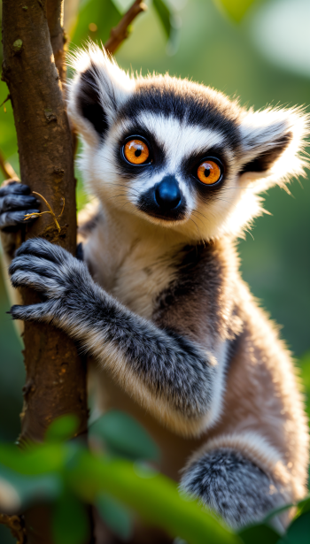 Close-up of a lemur clinging to a tree branch in natural wildlife. Vibrant orange eyes and soft fur detail make this nature-themed phone wallpaper compatible with iPhones and Android.