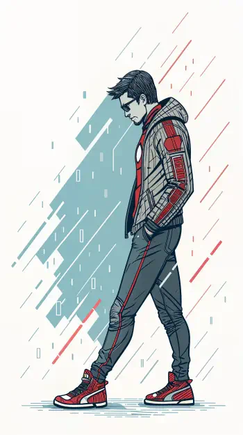 A minimalist comic-style illustration of a young man in a stylish hoodie and sneakers, set against a dynamic background, designed for phone wallpaper on iPhones and Android devices.