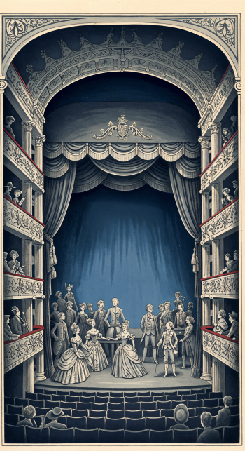 A vintage theater scene featuring performers on stage surrounded by an elegant audience, designed as a phone wallpaper for iPhones and Android devices.