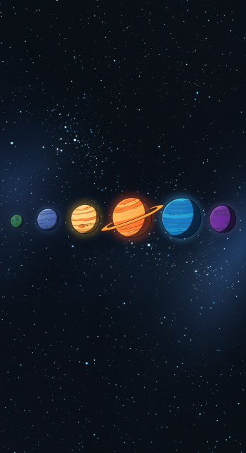 Illustration of planetary alignment against a starry night sky, designed as a phone wallpaper compatible with both iPhone and Android devices.