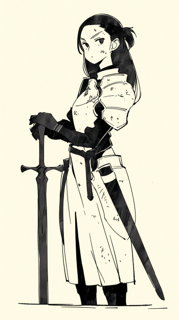 Black-and-white manga-style phone wallpaper featuring Guila from The Seven Deadly Sins, standing confidently in armor with a sword, designed for iPhone and Android displays.