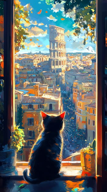 Artistic painting of a black cat sitting by a window, overlooking a vibrant cityscape with the Colosseum under a bright blue sky, designed as a phone wallpaper for iPhone and Android.