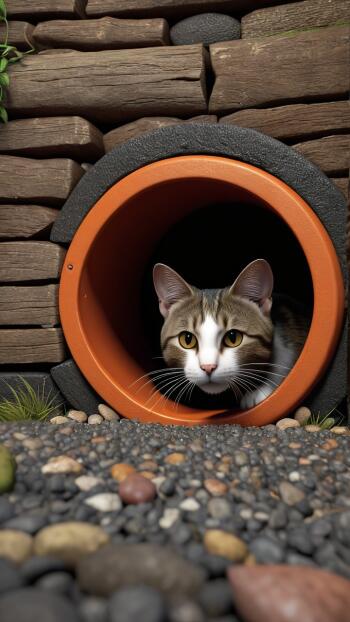 A cute cat peeks out from an orange tube set against a rustic stone wall, designed as a phone wallpaper for iPhones and Android devices.
