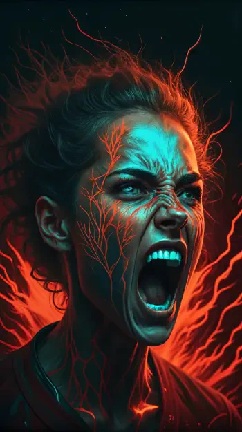A fiery, intense close-up of a person screaming with glowing red veins, expressing anger, designed as a striking phone wallpaper for iPhones and Android devices.