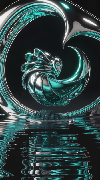 Phone wallpaper for iPhones and Android featuring a futuristic, metallic phoenix with teal accents rising above reflective water against a dark background.