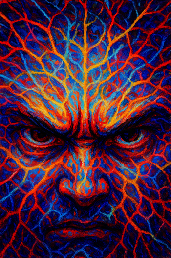 Phone wallpaper featuring an intense, angry face with fiery red and blue vein-like patterns, made to fit both iPhone and Android screens.
