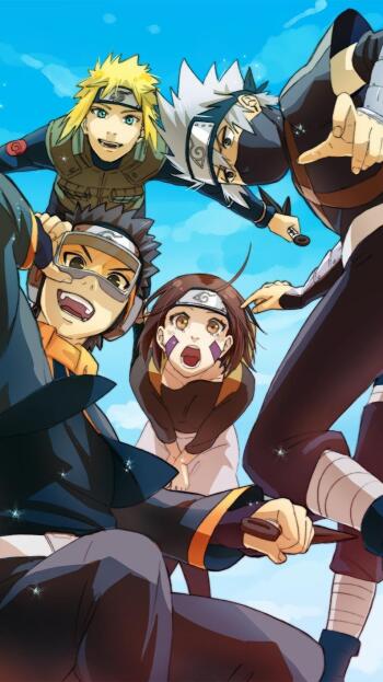 Phone wallpaper featuring Naruto characters Obito Uchiha, Kakashi Hatake, Minato Namikaze, and Rin Nohara, looking down against a bright blue sky background.