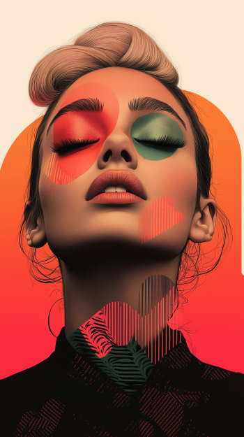 Artistic portrait of a girl with closed eyes, featuring bold red and green abstract shapes, designed as a vibrant phone wallpaper for iPhones and Android devices.