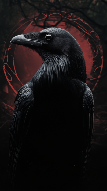 Dark portrait of a raven with detailed feathers set against a glowing red circular pattern, designed as a striking phone wallpaper for iPhone and Android devices.