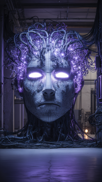 Futuristic sci-fi phone wallpaper showing a large artificial intelligence head with glowing eyes and intricate, illuminated cables forming hair, set in a dark industrial space.