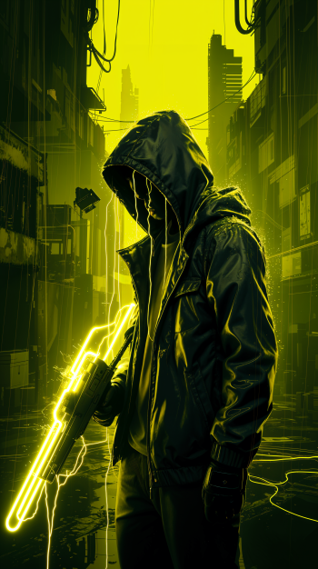 A dark gaming-themed phone wallpaper for iPhone and Android, featuring a hooded figure holding a glowing futuristic weapon in a neon-lit urban alley.