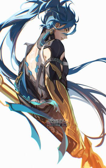 Phone wallpaper of Jiyan from the video game Wuthering Waves, featuring dynamic art with flowing blue hair and a detailed outfit on a white background.