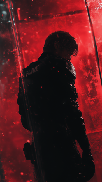Phone wallpaper featuring Leon S. Kennedy from Resident Evil, shown in silhouette against a glowing red background, captured in a dynamic video game style.