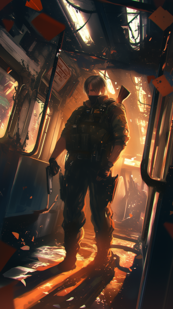 Phone wallpaper featuring Leon S. Kennedy from Resident Evil 4 (2023), standing armed in a dimly lit, fiery train interior from the video game Resident Evil series.