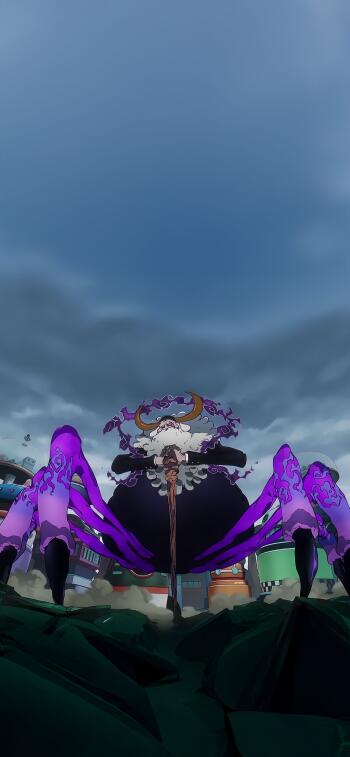 Anime phone wallpaper featuring a dramatic One Piece scene with Jaygarcia Saturn's style, highlighting a powerful character under a stormy sky. Compatible with iPhones and Android phones.