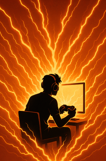Minimalist gaming-themed phone wallpaper showing a silhouette of a person with headphones playing video games, set against an intense orange lightning background, compatible with iPhones and Android.
