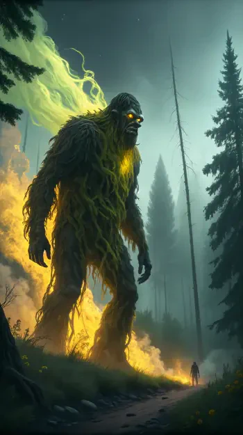 A glowing-eyed Bigfoot with fiery green and yellow flames stands in a misty forest, towering over a small figure on a dark path. Phone wallpaper for iPhone and Android.