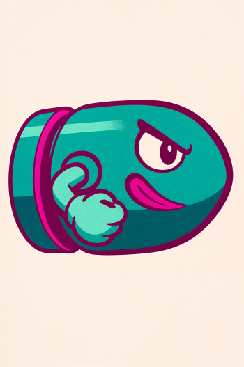 Phone wallpaper featuring a bold, stylized Bullet Bill character in teal and pink tones, designed for use on both iPhone and Android devices.