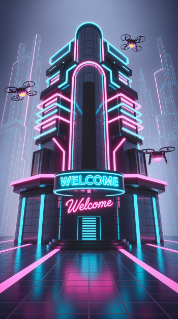 Phone wallpaper featuring a futuristic neon-lit building with WELCOME signs and drones flying around, designed with vibrant blue and pink hues for iPhones and Android phones.