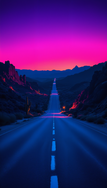 Phone wallpaper showing a long Arizona highway at twilight, with glowing purple and pink sky and dark desert mountains on either side, compatible with iPhones and Android devices.