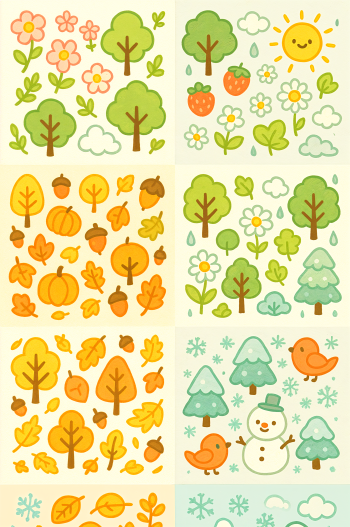 A colorful phone wallpaper illustrating four seasons with trees, flowers, pumpkins, snowmen, and seasonal elements, designed for both iPhones and Android devices.