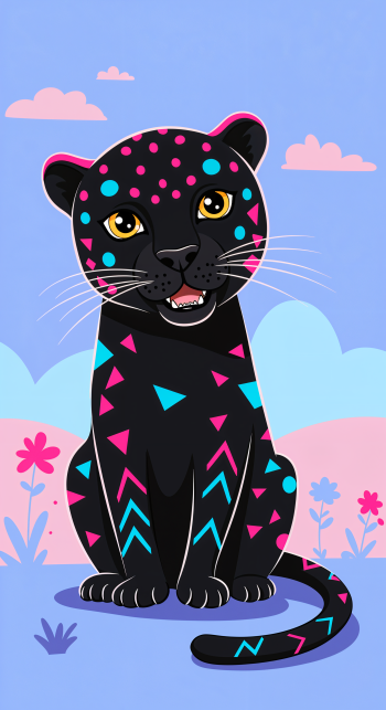 Colorful panther illustration with bright pink and blue geometric patterns, smiling against a pastel floral background, designed as a vibrant phone wallpaper for iPhones and Androids.