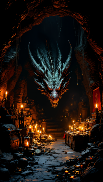 Phone wallpaper depicts a dragon lair with a glowing, fierce dragon head emerging from dark caves, surrounded by lit candles and ancient treasure, compatible with iPhone and Android screens.